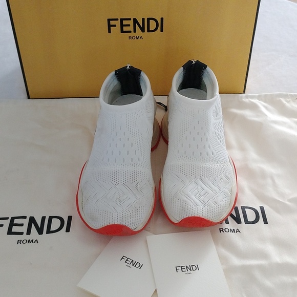 Fendi White/Orange Stretch Mesh And Suede FFluid Sneakers Size US5.5/36 - Picture 1 of 16
